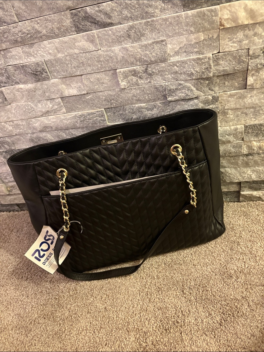 Karl Lagerfeld Black Quilted Shoulder Tote with Gold Chain Straps - Picture 2 of 3